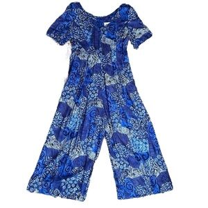 Vintage Jumpsuit Blue Abstract Shoulder Pads Made in USA‎